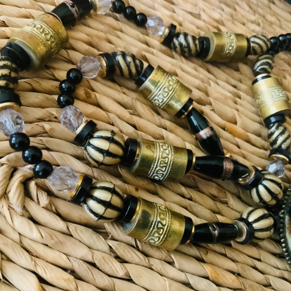 HANDMADE VINTAGE PENDANT STATEMENT NECKLACE Onyx/LEOPARD STONE VINTAGE BRASS - Picture 4 of 11